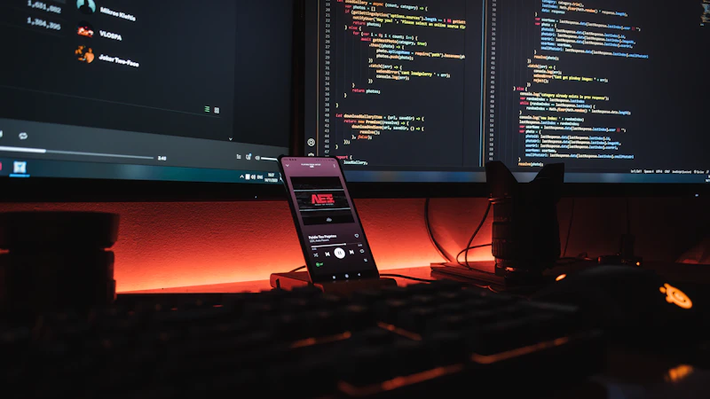 Development workstation with code on screens and orange ambient light