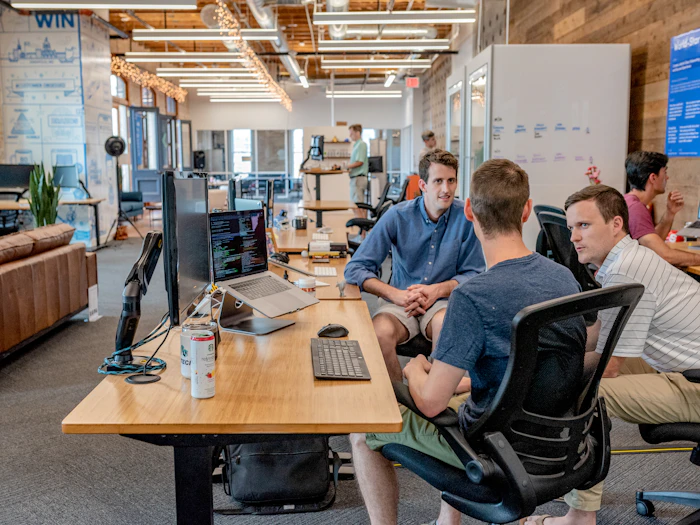 Team collaborating in an office, planning a digital product
